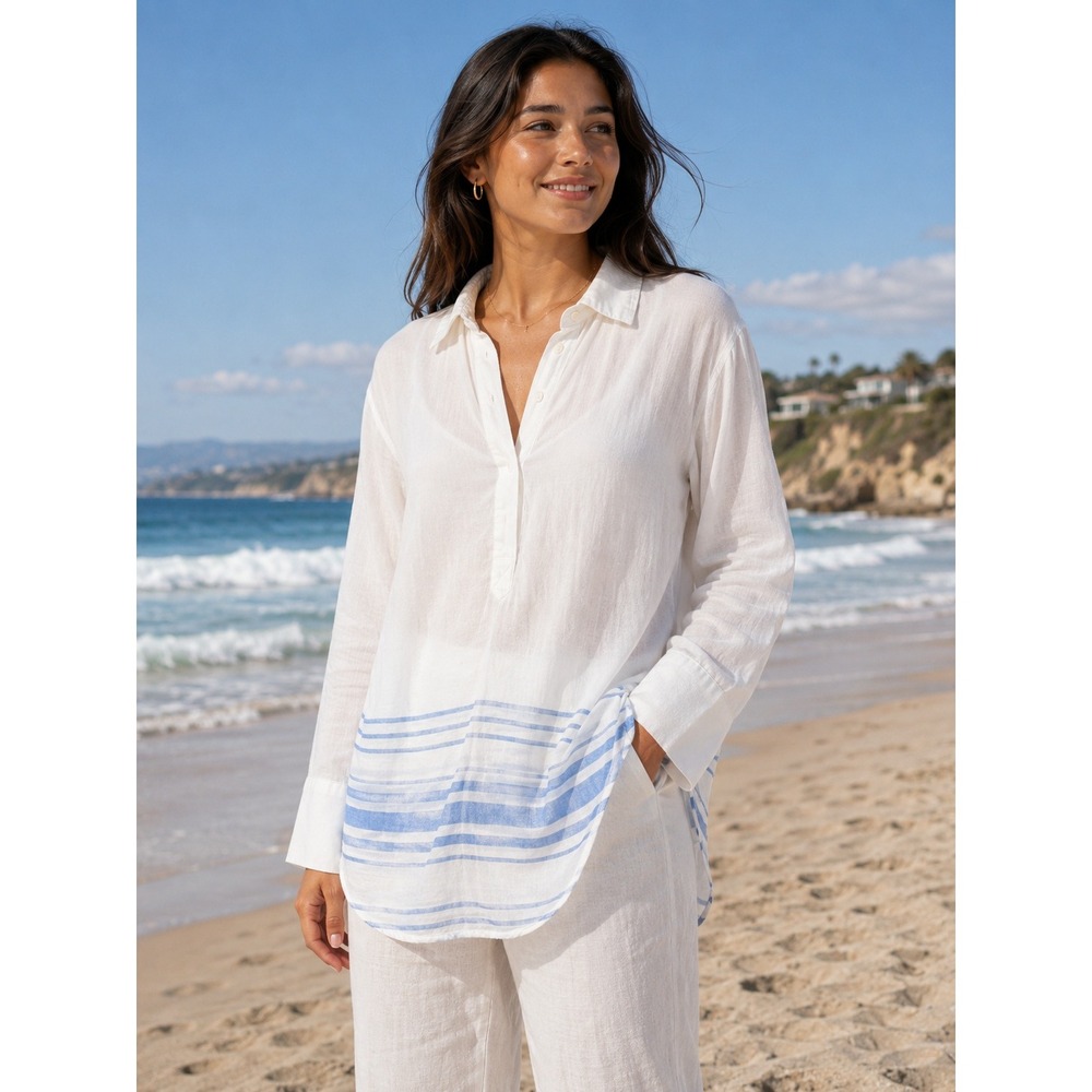 L.O.G.G. Label of Graded Goods Tunic Womens M White Blue Striped Cotton Henley